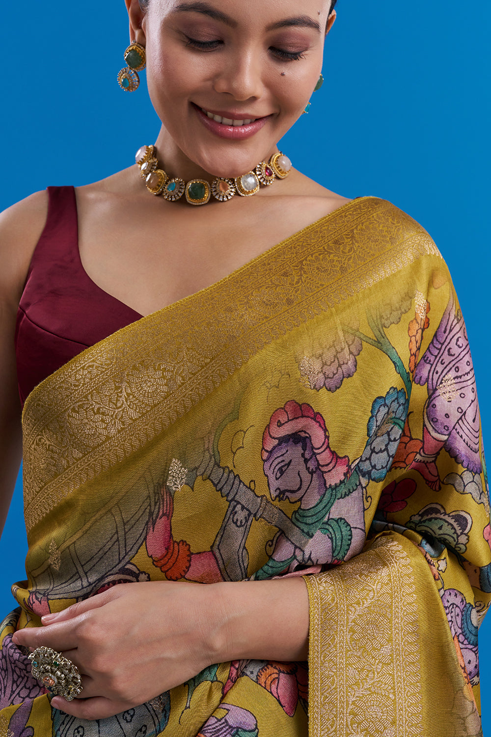 Mehendi Green Banarasi Geometrical Print Saree And Unstitched Blouse