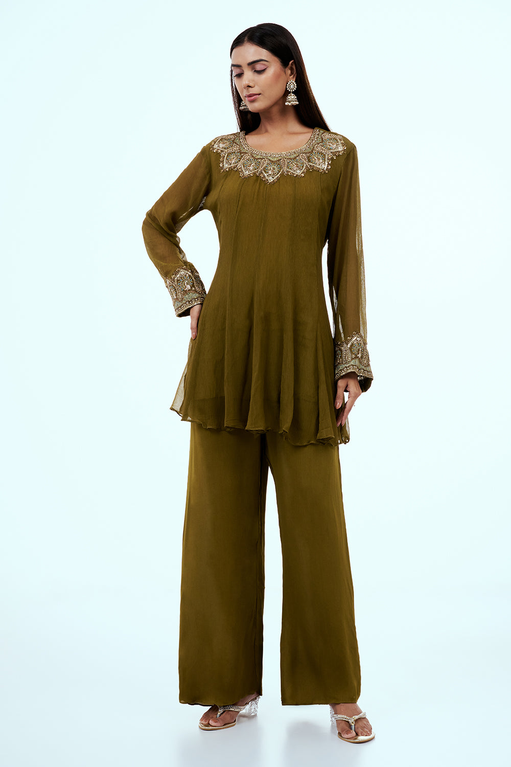 Mehendi Green Chiffon Palazzo Set with Handwork