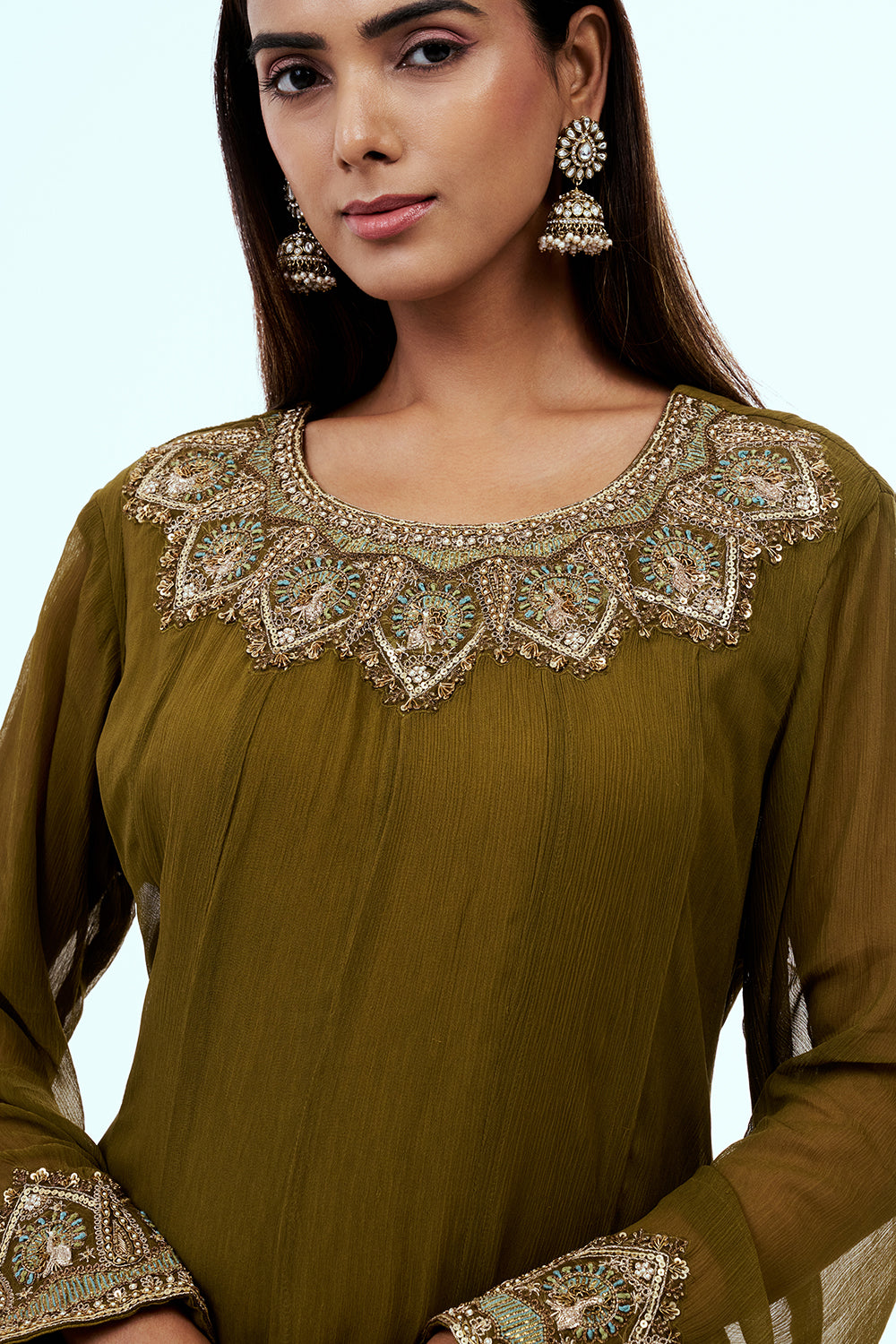 Mehendi Green Chiffon Palazzo Set with Handwork