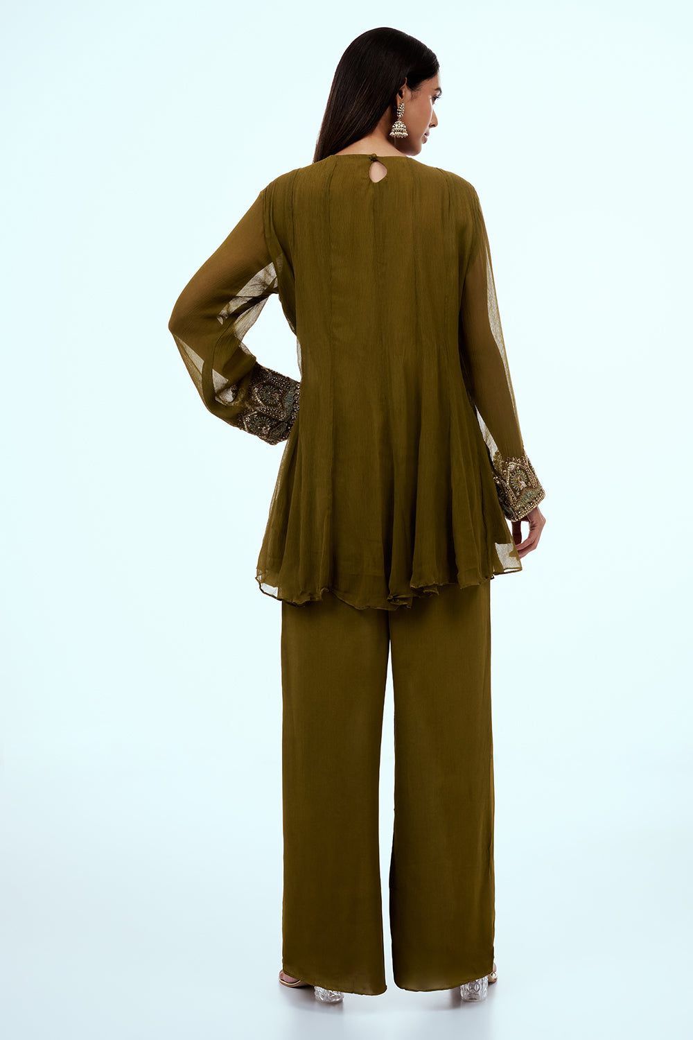 Mehendi Green Chiffon Palazzo Set with Handwork
