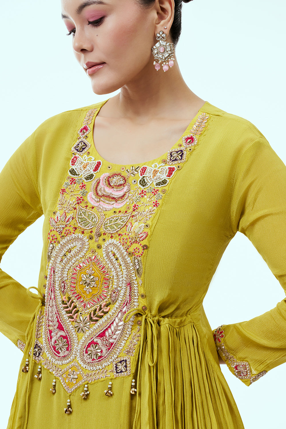 Mehendi Green Chinon Palazzo with Multi Resham Embroidery