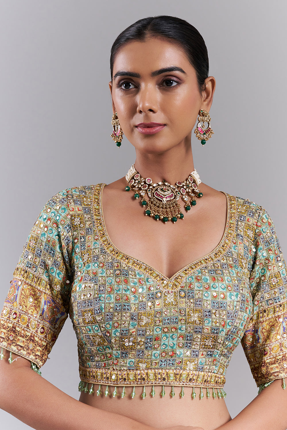 Mehendi Green Crepe Embellished Saree And Stitched Blouse