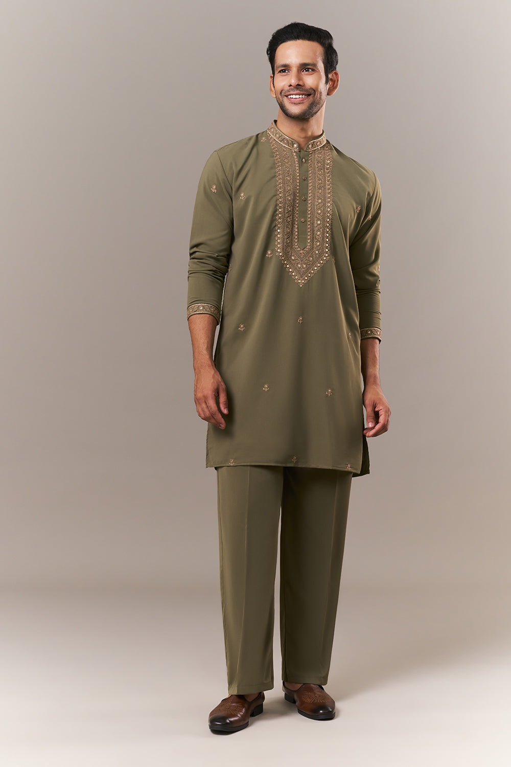 Mehendi Green Crepe Mens Kurta Set with Dori Work
