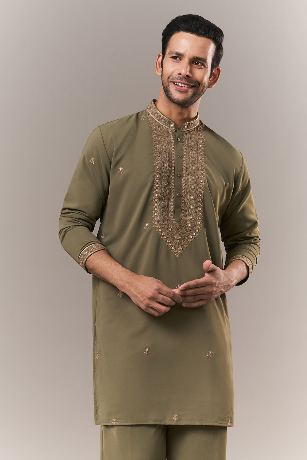 Mehendi Green Crepe Mens Kurta Set with Dori Work
