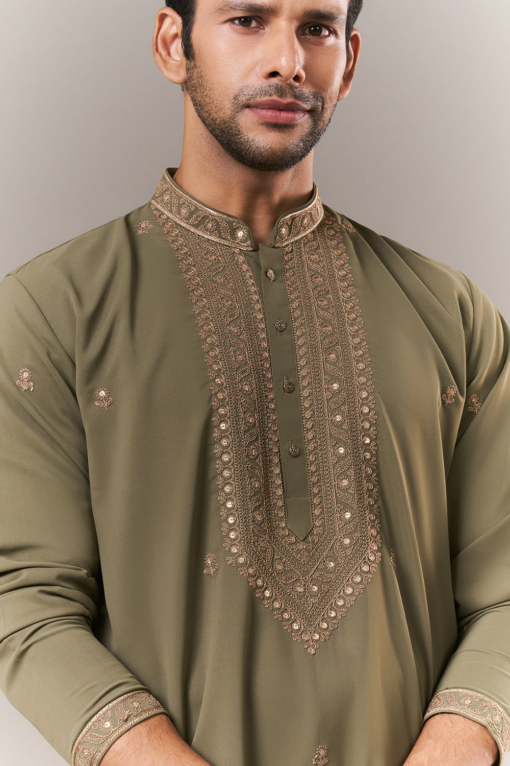 Mehendi Green Crepe Mens Kurta Set with Dori Work