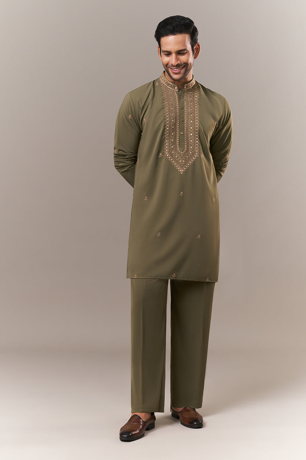 Mehendi Green Crepe Mens Kurta Set with Dori Work