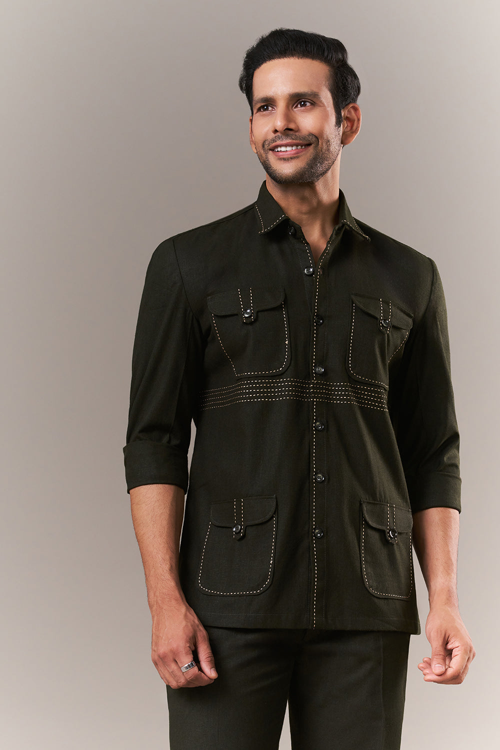 Mehendi Green Linen Mens Suit with Thread Work
