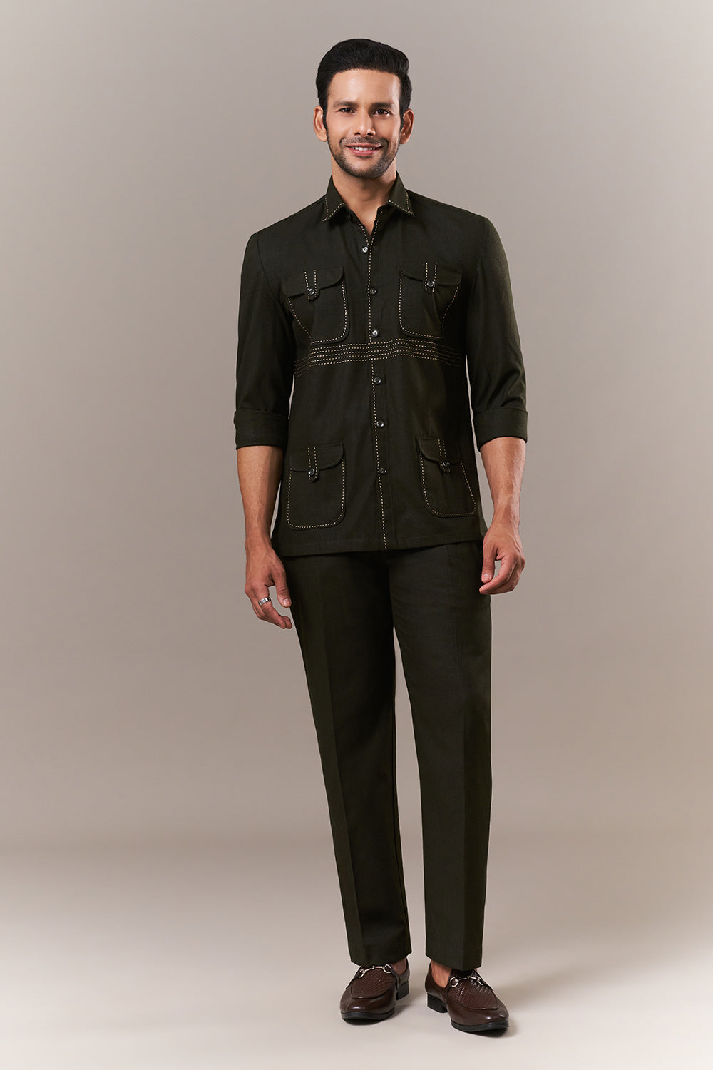 Mehendi Green Linen Mens Suit with Thread Work