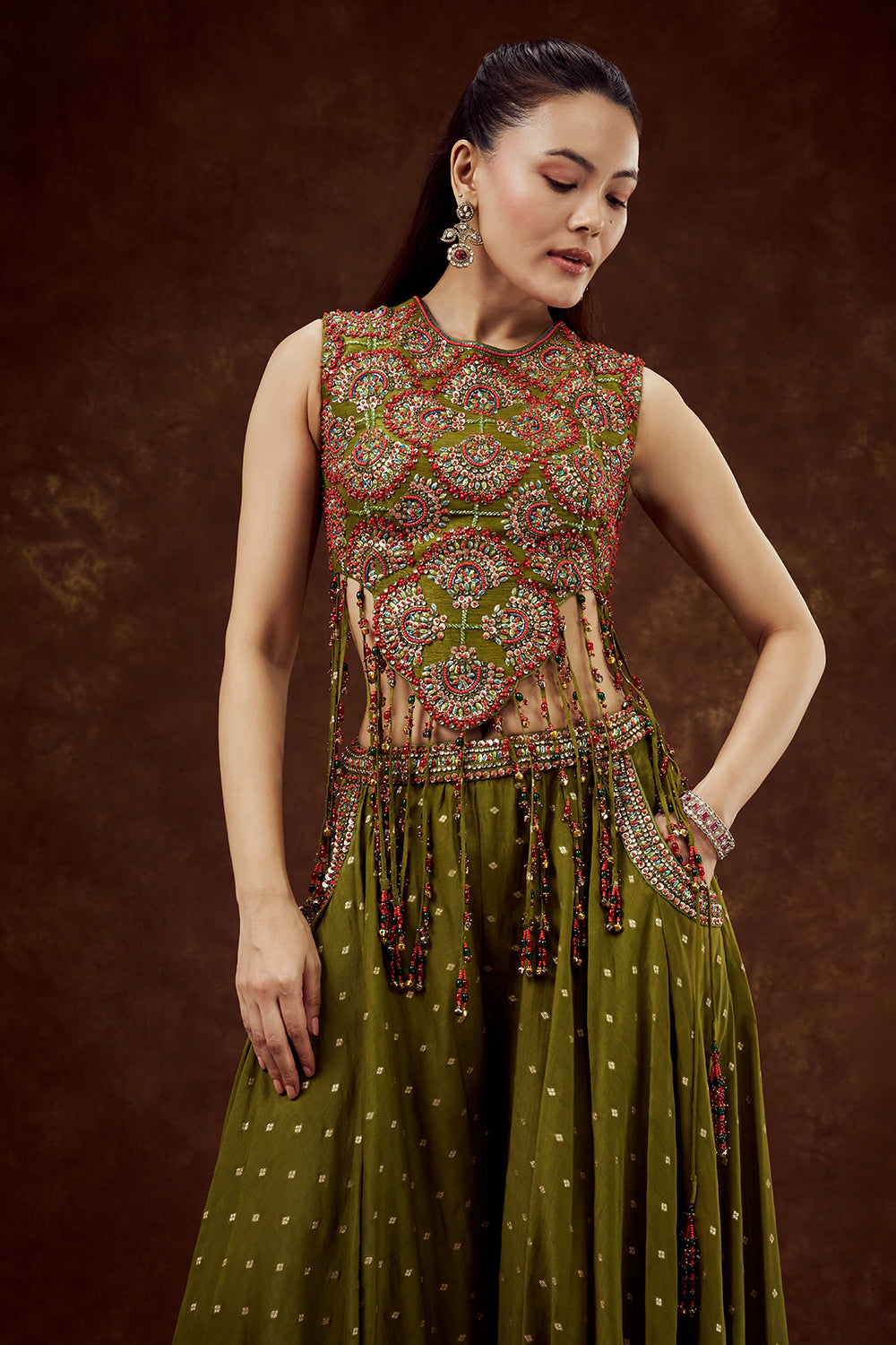 Mehendi Green Mul Chanderi Cotton Set with Bead and Tassel Work