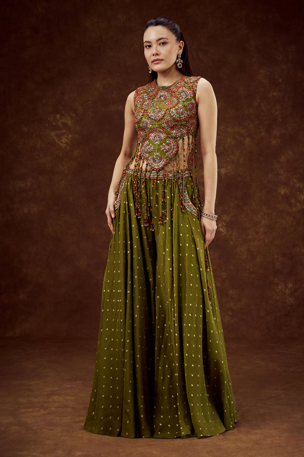 Mehendi Green Mul Chanderi Cotton Set with Bead and Tassel Work