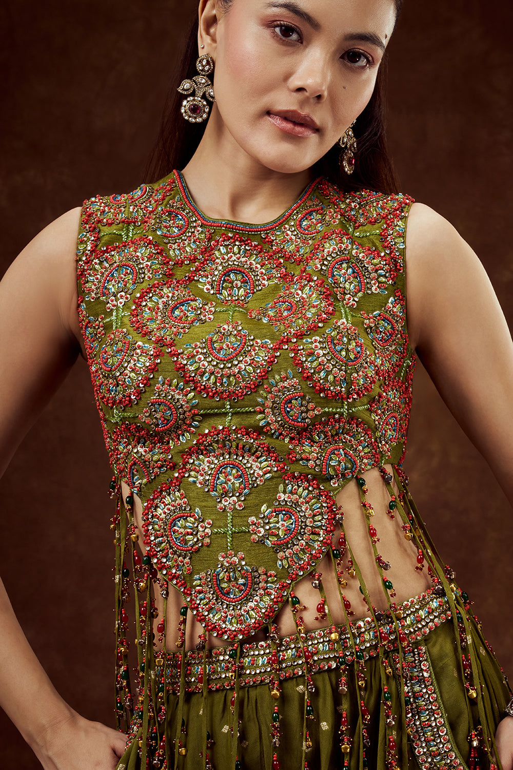 Mehendi Green Mul Chanderi Cotton Set with Bead and Tassel Work