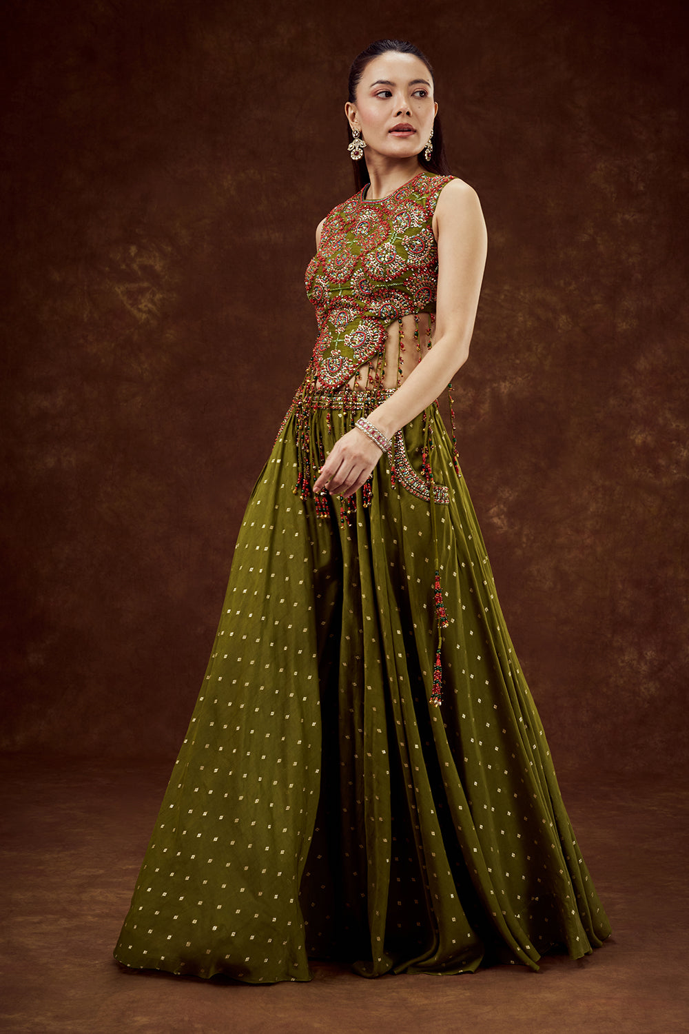Mehendi Green Mul Chanderi Cotton Set with Bead and Tassel Work