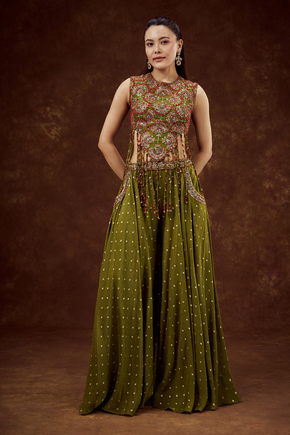 Mehendi Green Mul Chanderi Cotton Set with Bead and Tassel Work