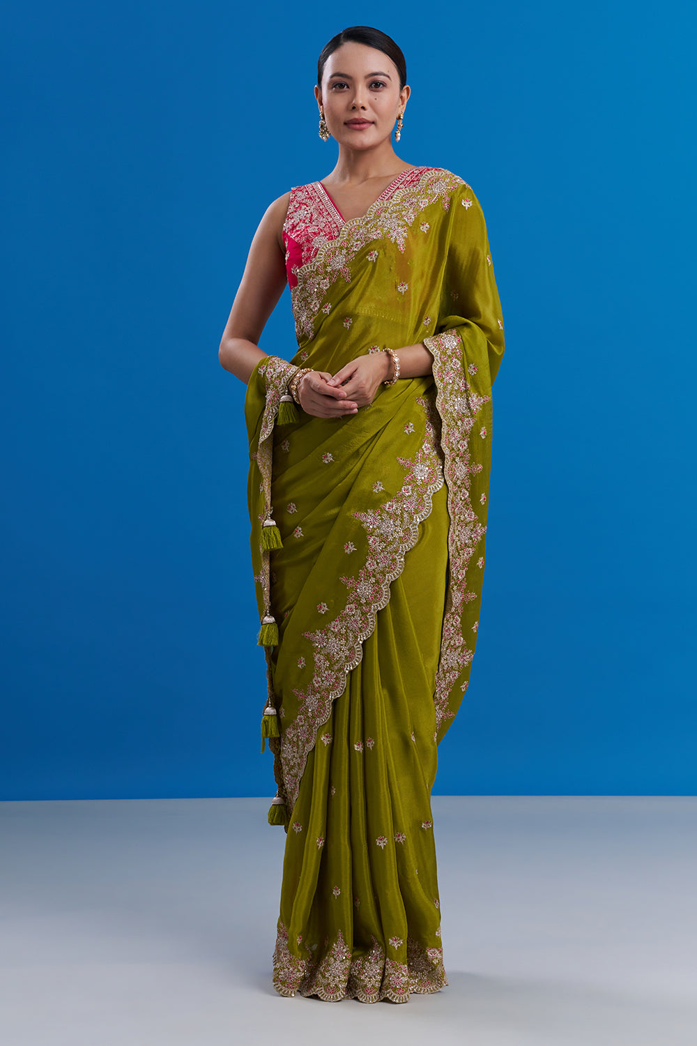 Mehendi Green Pure Chiffon Saree with Zari Floral Work And Stitched Blouse