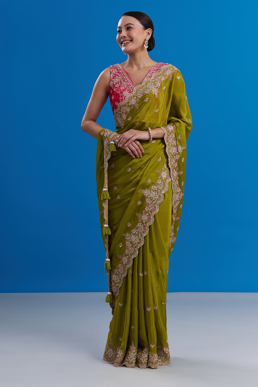 Mehendi Green Pure Chiffon Saree with Zari Floral Work And Stitched Blouse