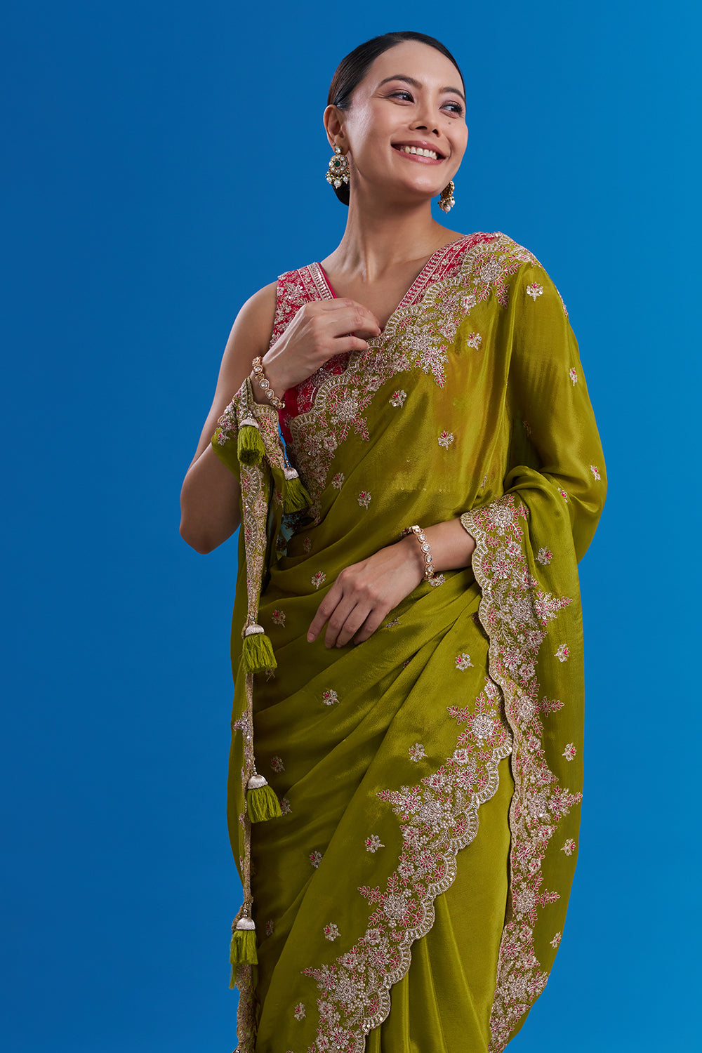 Mehendi Green Pure Chiffon Saree with Zari Floral Work And Stitched Blouse