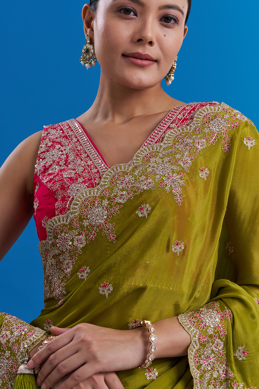 Mehendi Green Pure Chiffon Saree with Zari Floral Work And Stitched Blouse