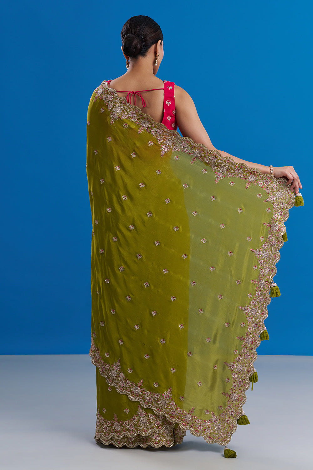 Mehendi Green Pure Chiffon Saree with Zari Floral Work And Stitched Blouse