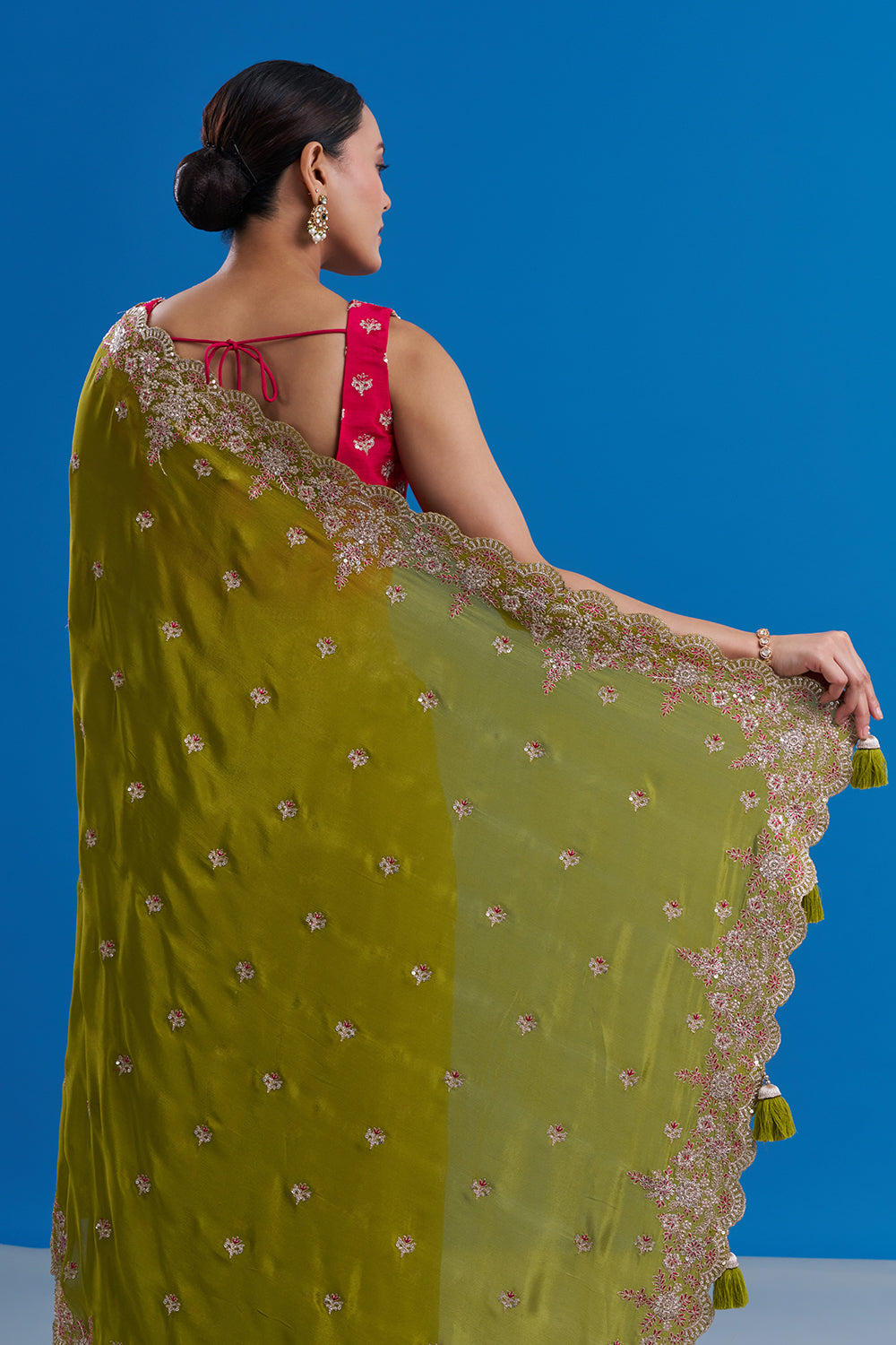 Mehendi Green Pure Chiffon Saree with Zari Floral Work And Stitched Blouse