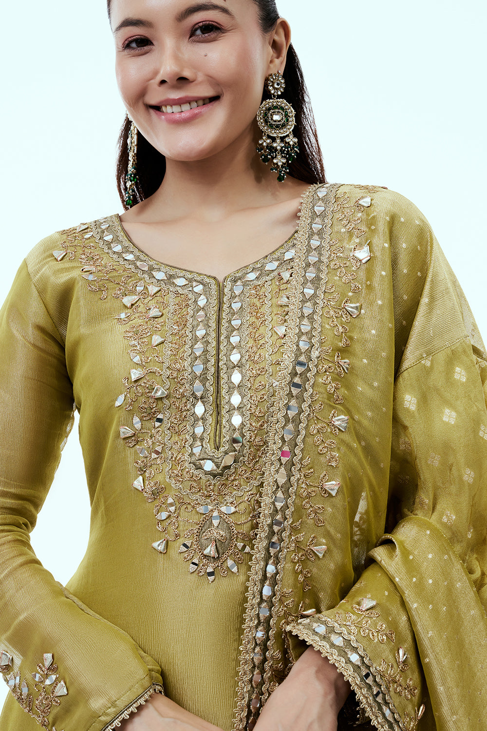 Mehendi Green Shimmer Tissue Palazzo Suit with Mirror and Zari work