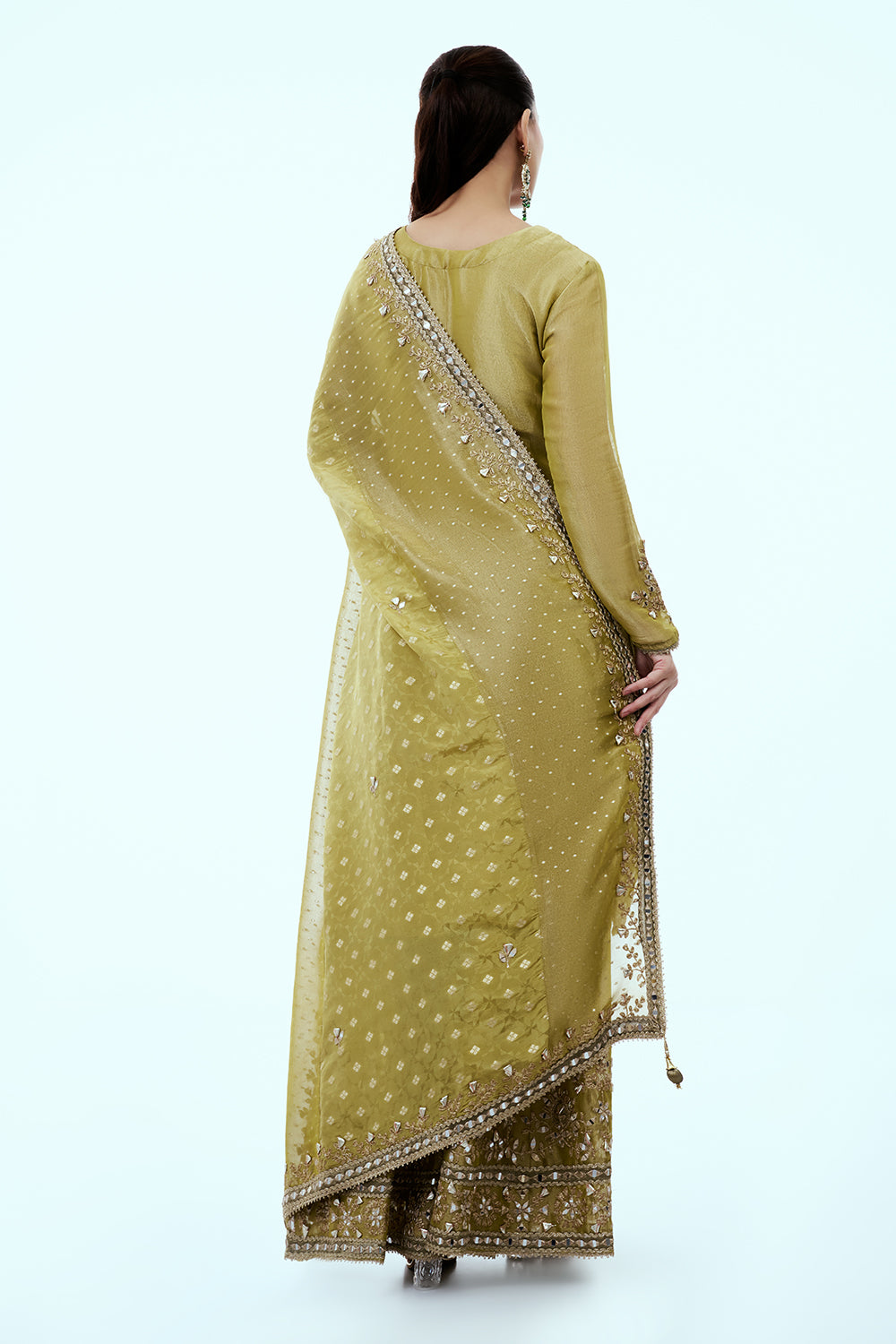 Mehendi Green Shimmer Tissue Palazzo Suit with Mirror and Zari work