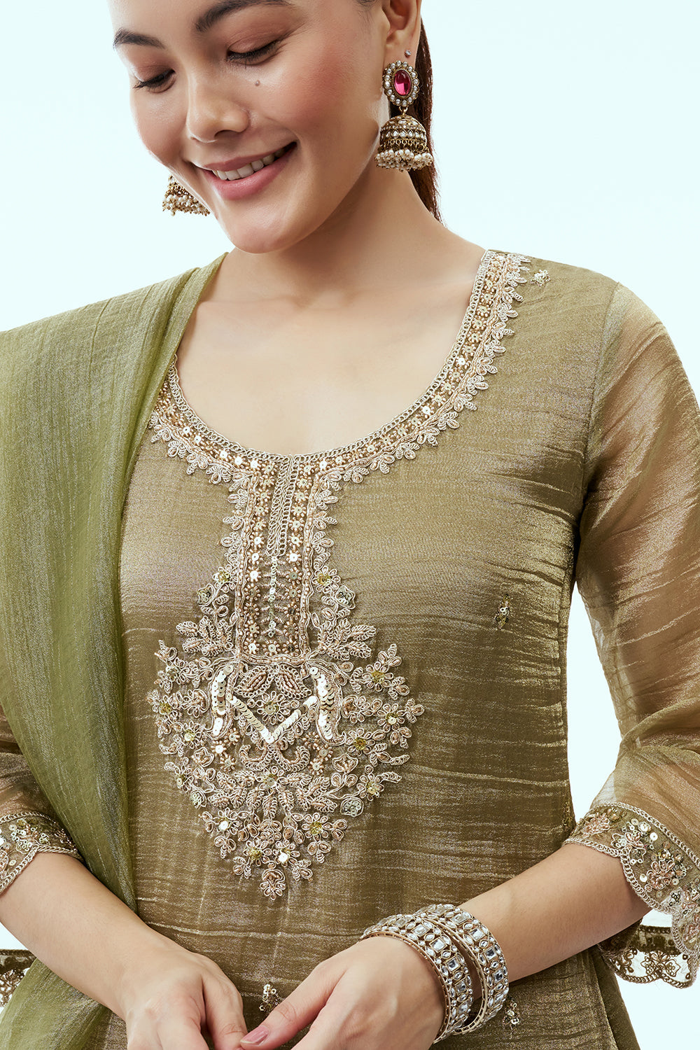 Mehendi Green Tissue Kurta Set with Aari Embroidery