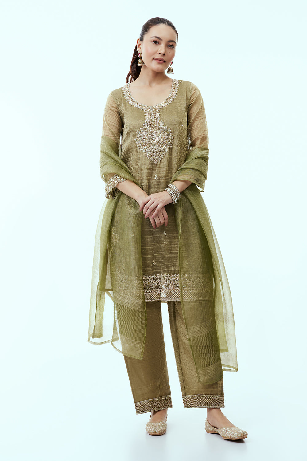 Mehendi Green Tissue Kurta Set with Aari Embroidery