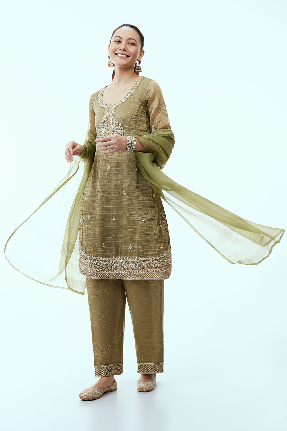Mehendi Green Tissue Kurta Set with Aari Embroidery