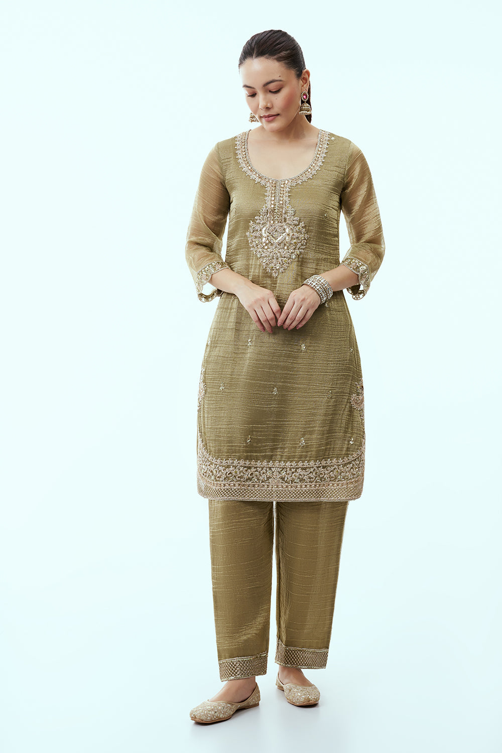 Mehendi Green Tissue Kurta Set with Aari Embroidery
