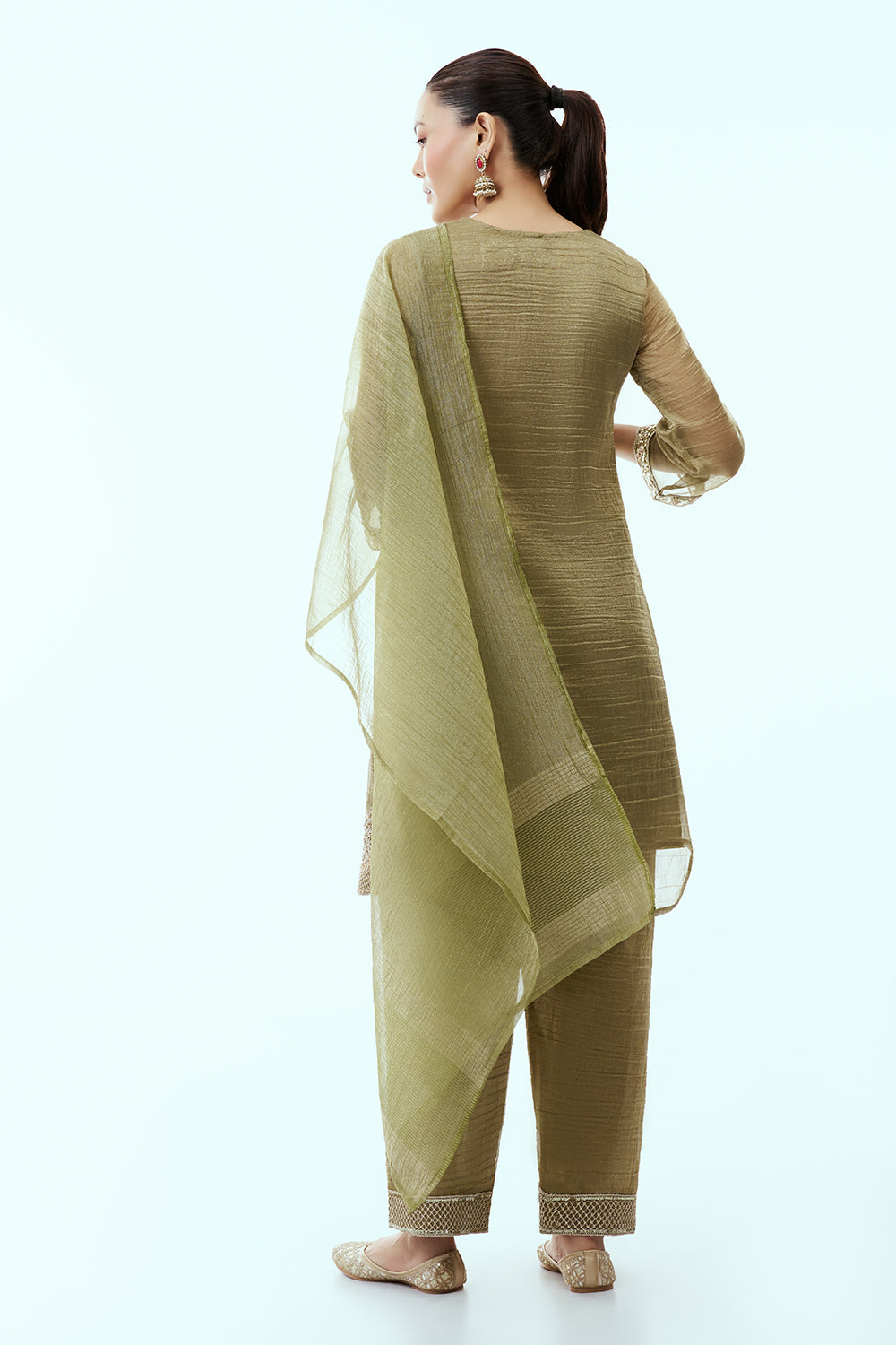 Mehendi Green Tissue Kurta Set with Aari Embroidery
