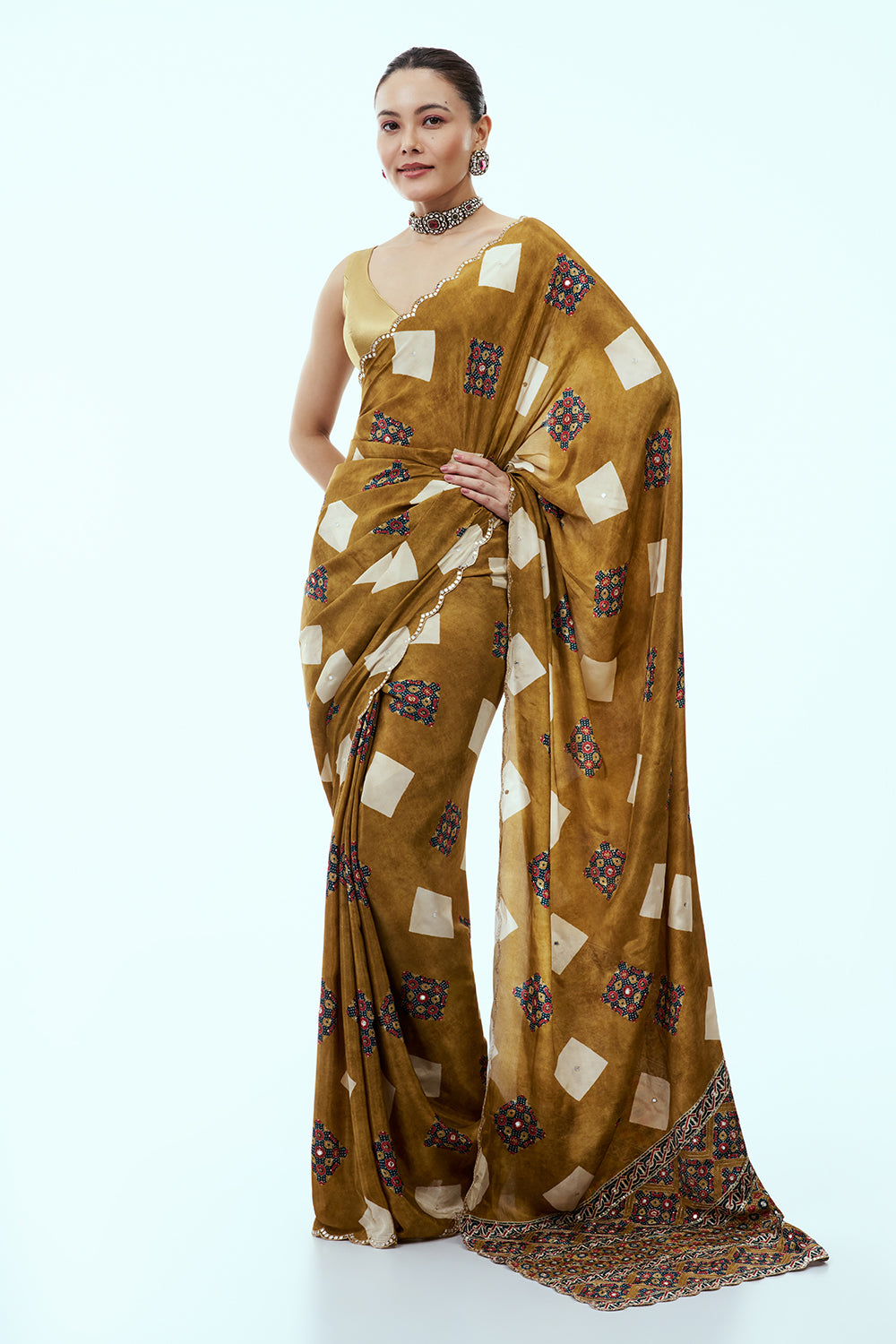 Mehendi Green Silk Saree with Multicoloured Geometric Print and Unstitched Blouse