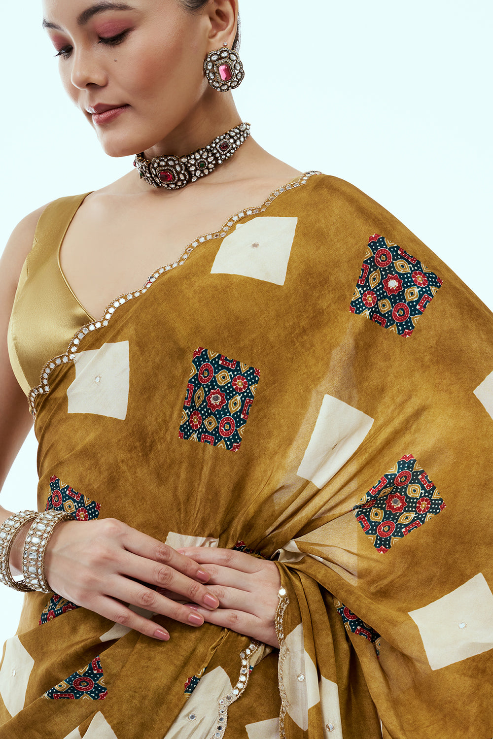 Mehendi Green Silk Saree with Multicoloured Geometric Print and Unstitched Blouse