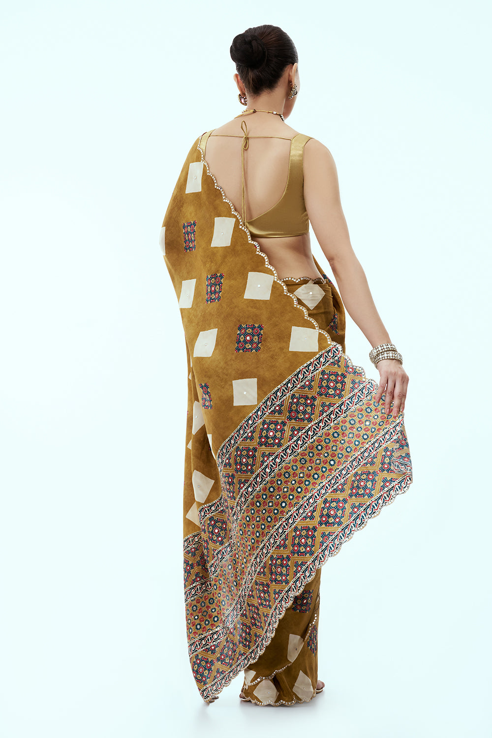 Mehendi Green Silk Saree with Multicoloured Geometric Print and Unstitched Blouse