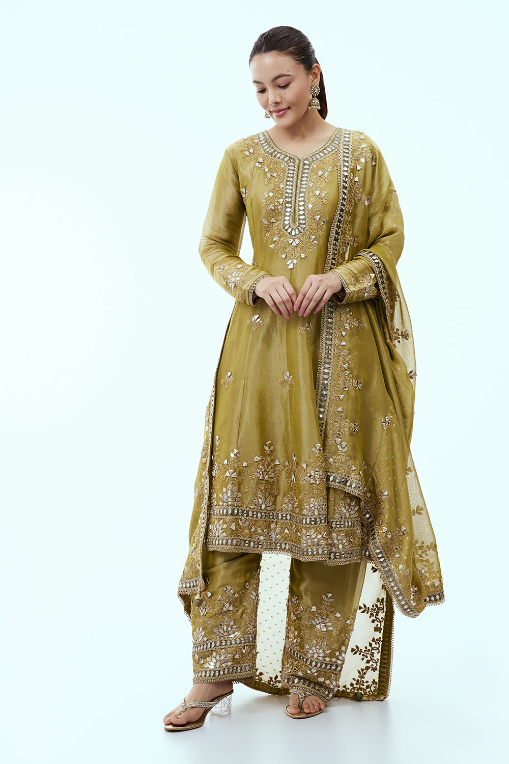 Mehendi Green Tissue Anarkali Suit with Mirror Work