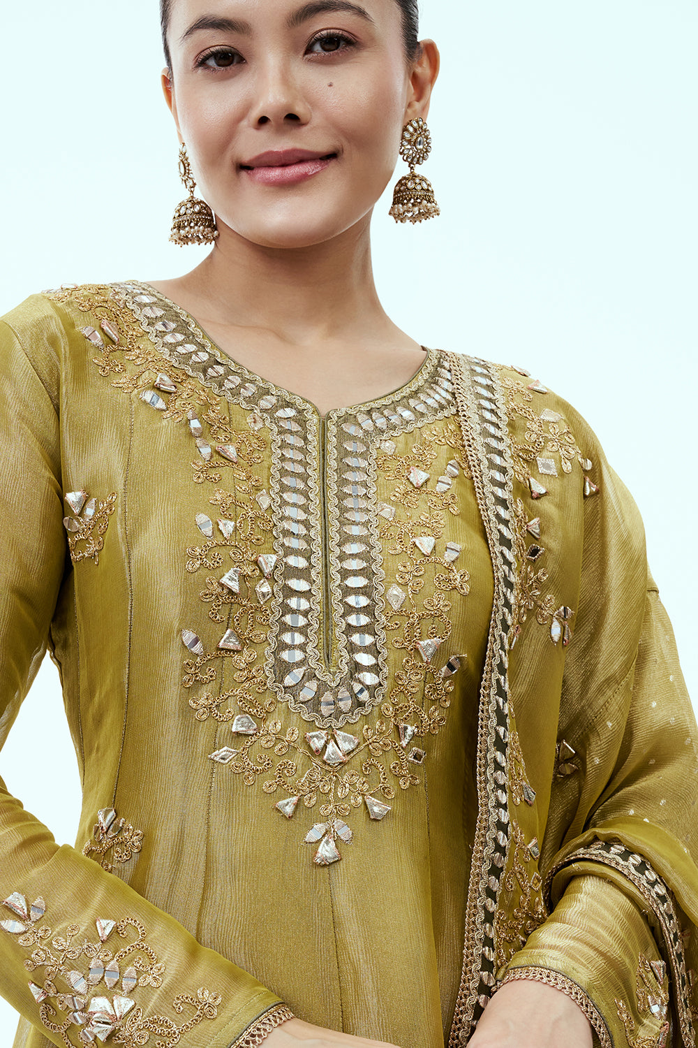 Mehendi Green Tissue Anarkali Suit with Mirror Work
