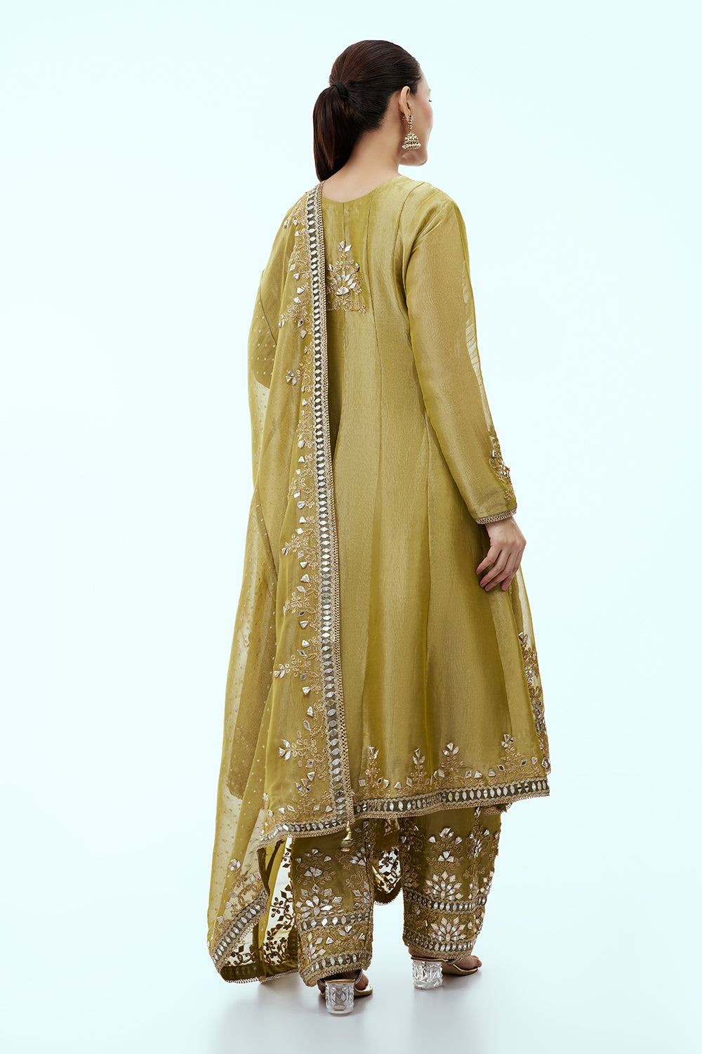 Mehendi Green Tissue Anarkali Suit with Mirror Work