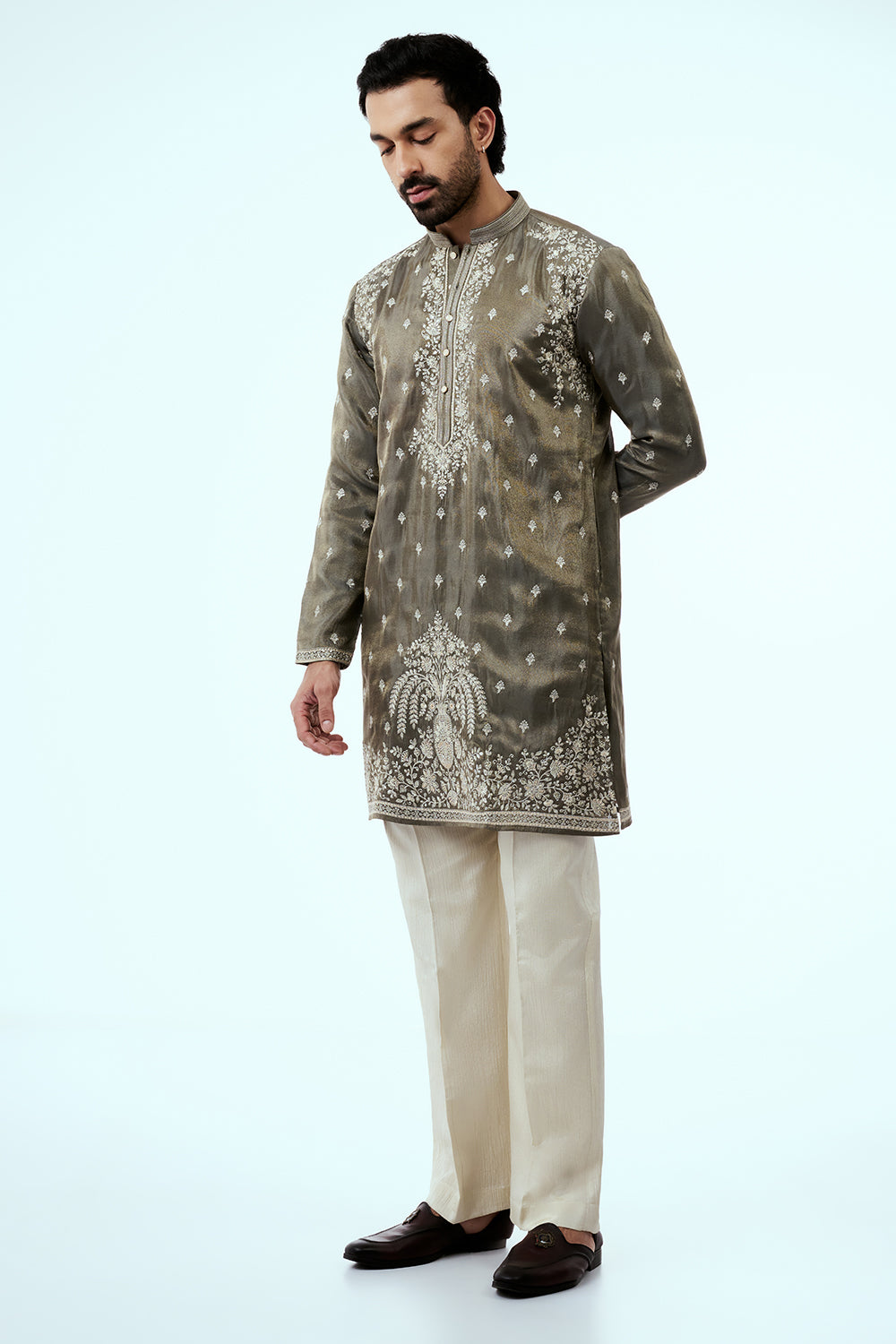 Mehendi Green Tissue Mens Kurta Set with Resham and Zari Work