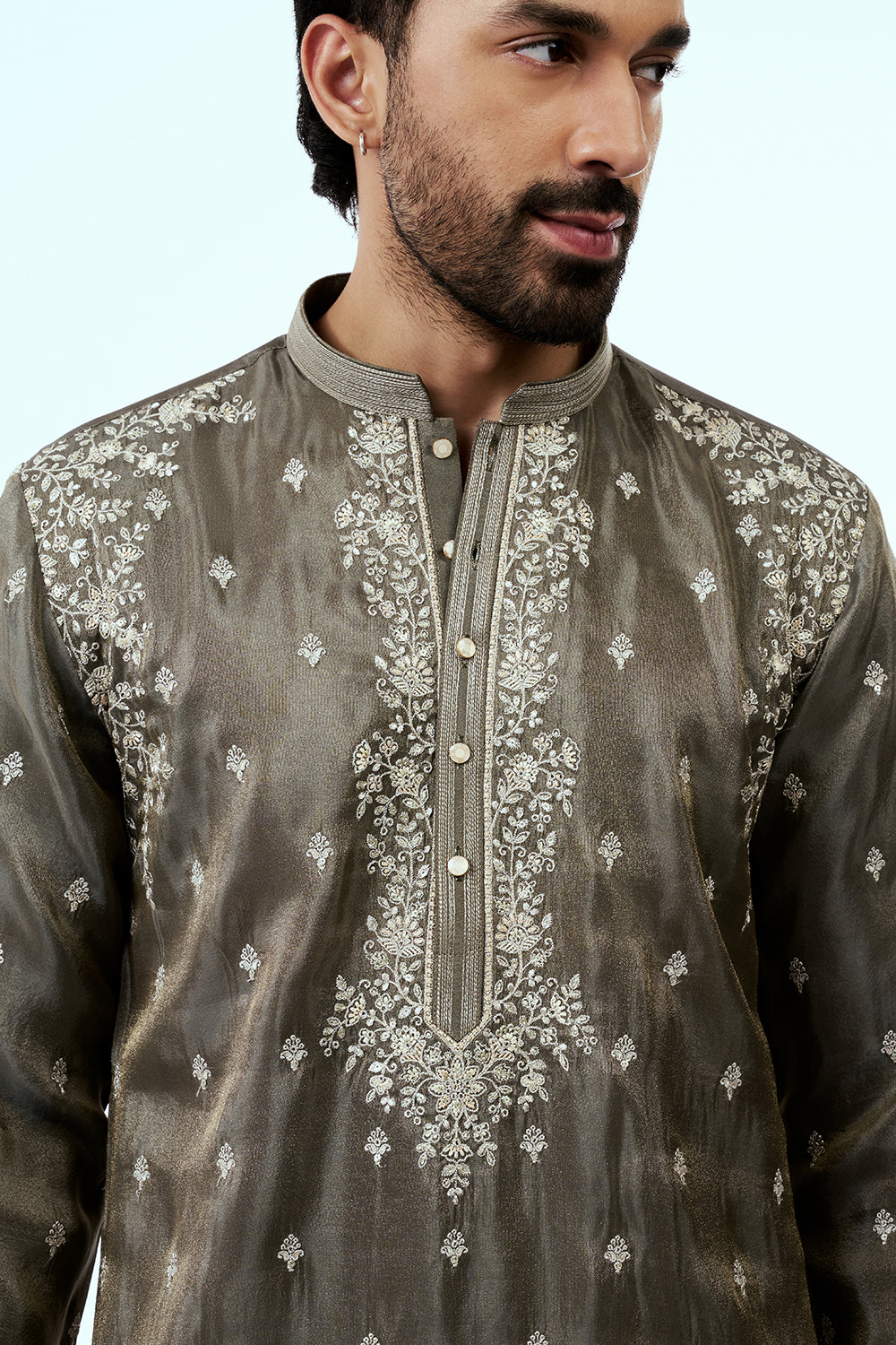 Mehendi Green Tissue Mens Kurta Set with Resham and Zari Work