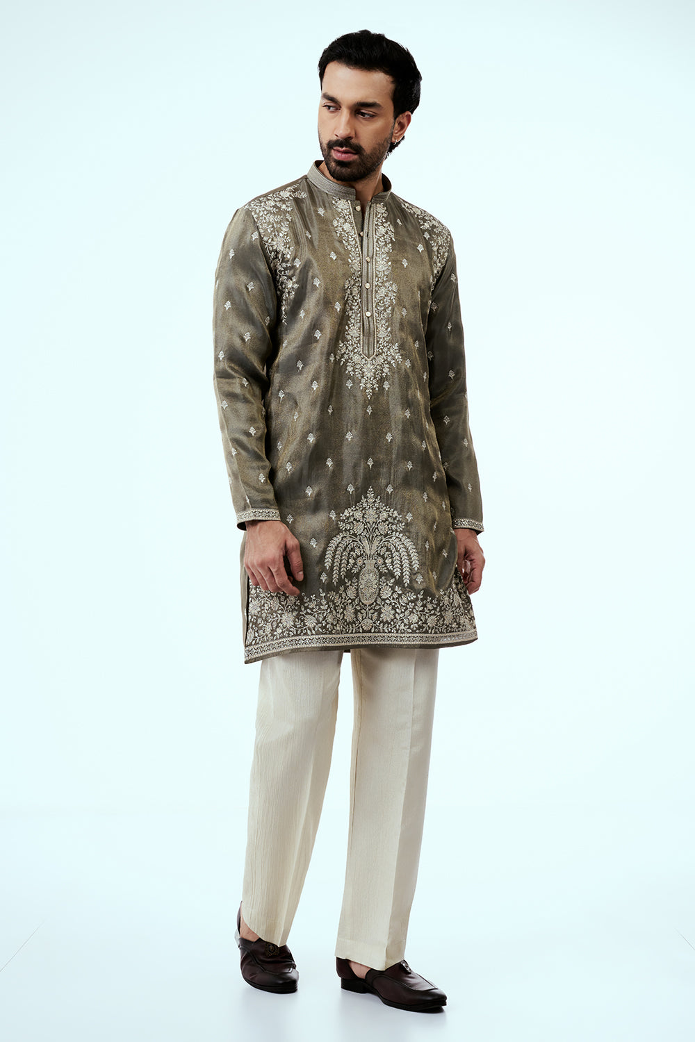 Mehendi Green Tissue Mens Kurta Set with Resham and Zari Work