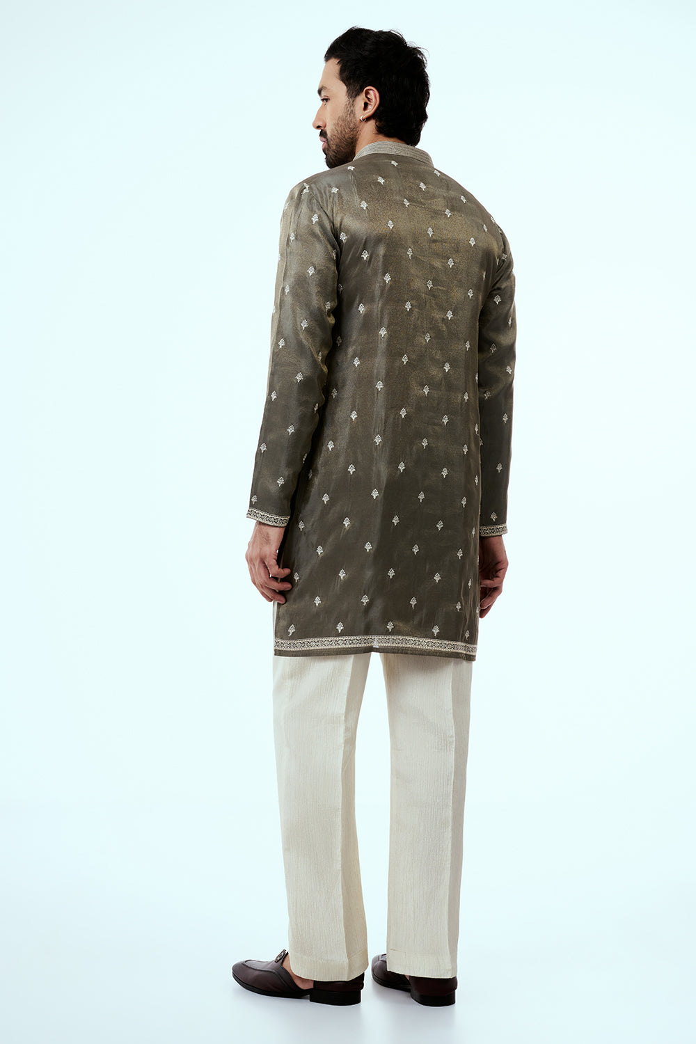Mehendi Green Tissue Mens Kurta Set with Resham and Zari Work