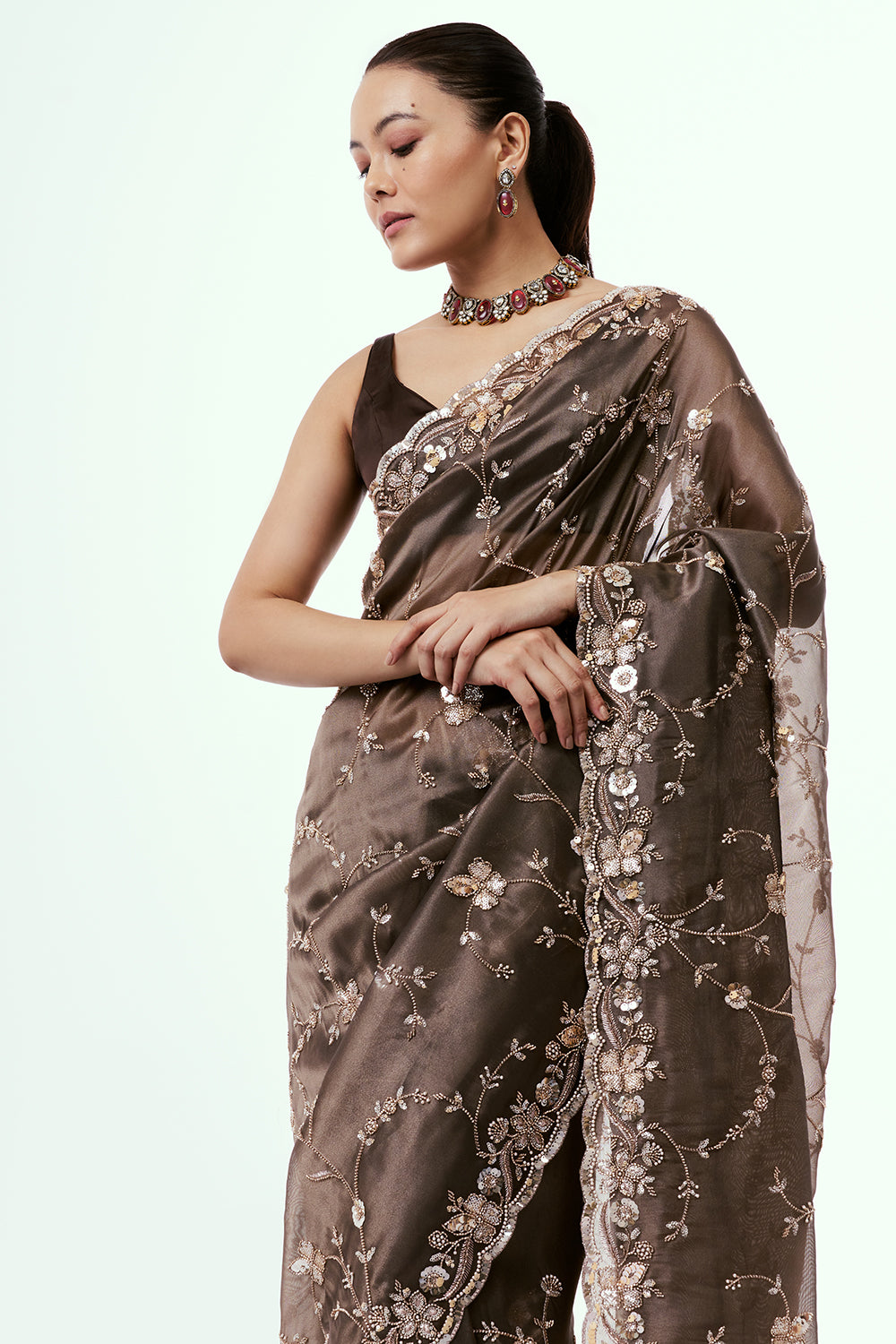 Metallic Bronze Shimmer Zari Tissue Saree with Cutdana Work