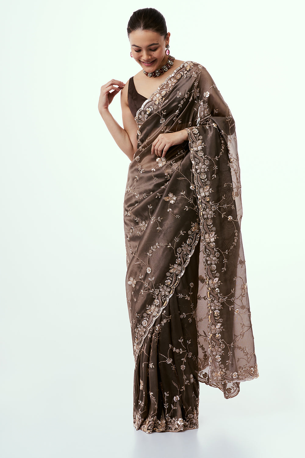 Metallic Bronze Shimmer Zari Tissue Saree with Cutdana Work