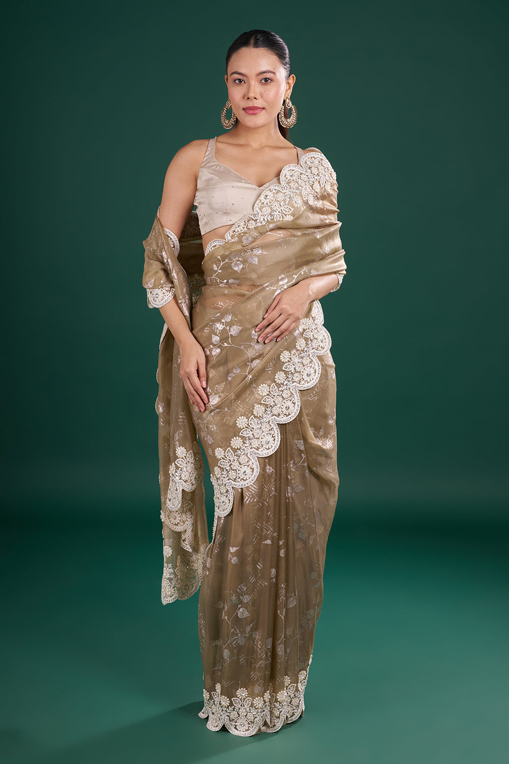 Metallic Champagne Shimmer Saree with Floral Thread Embroidery and Unstitched Blouse