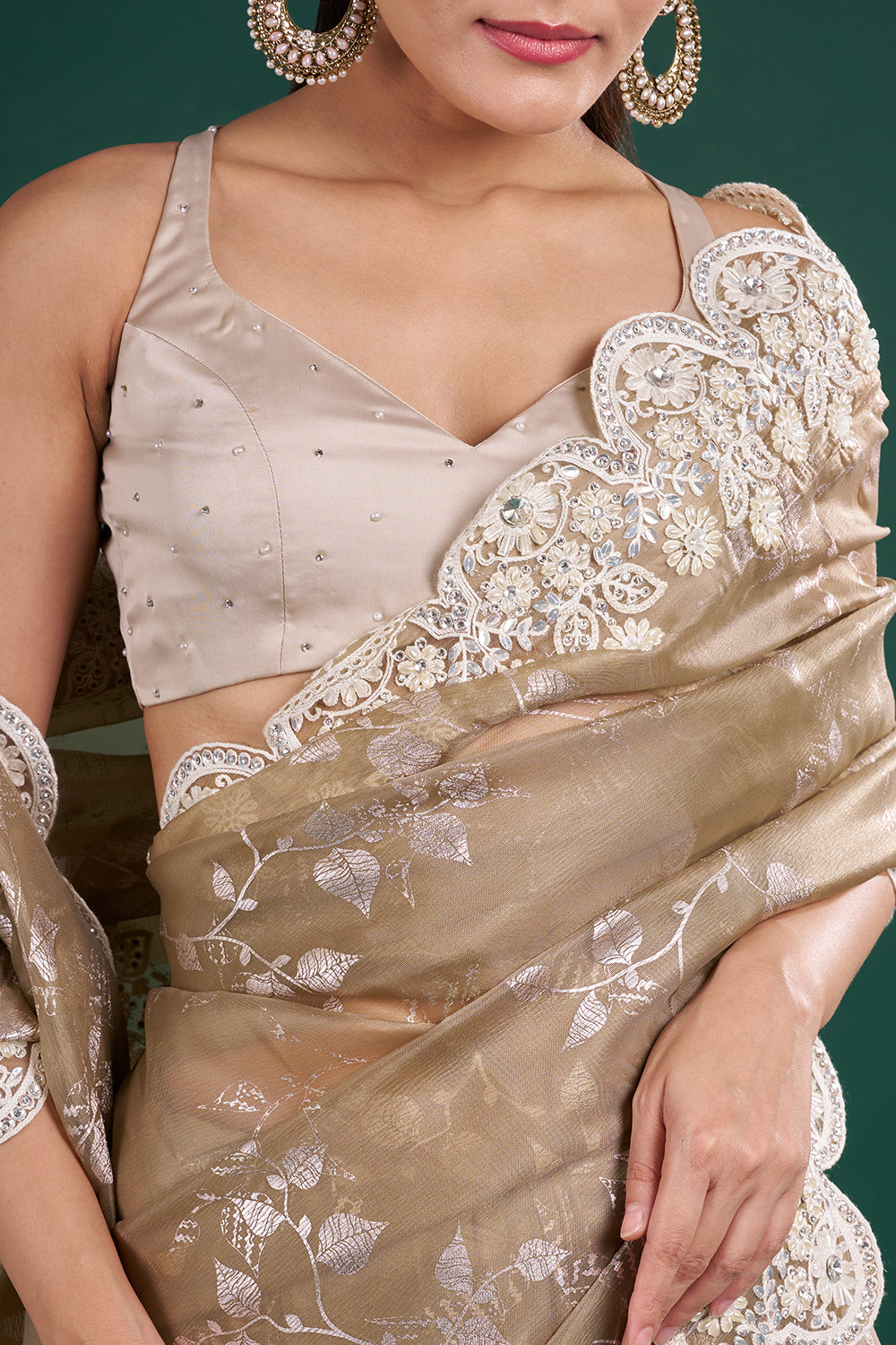Metallic Champagne Shimmer Saree with Floral Thread Embroidery and Unstitched Blouse