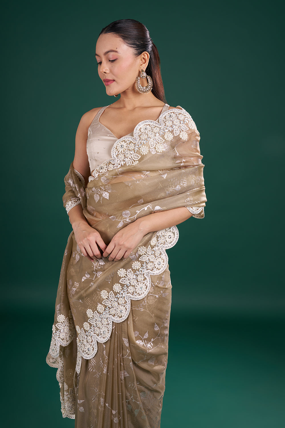 Metallic Champagne Shimmer Saree with Floral Thread Embroidery and Unstitched Blouse