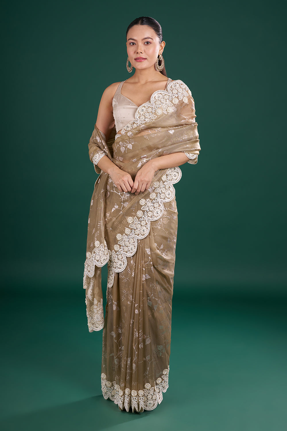 Metallic Champagne Shimmer Saree with Floral Thread Embroidery and Unstitched Blouse