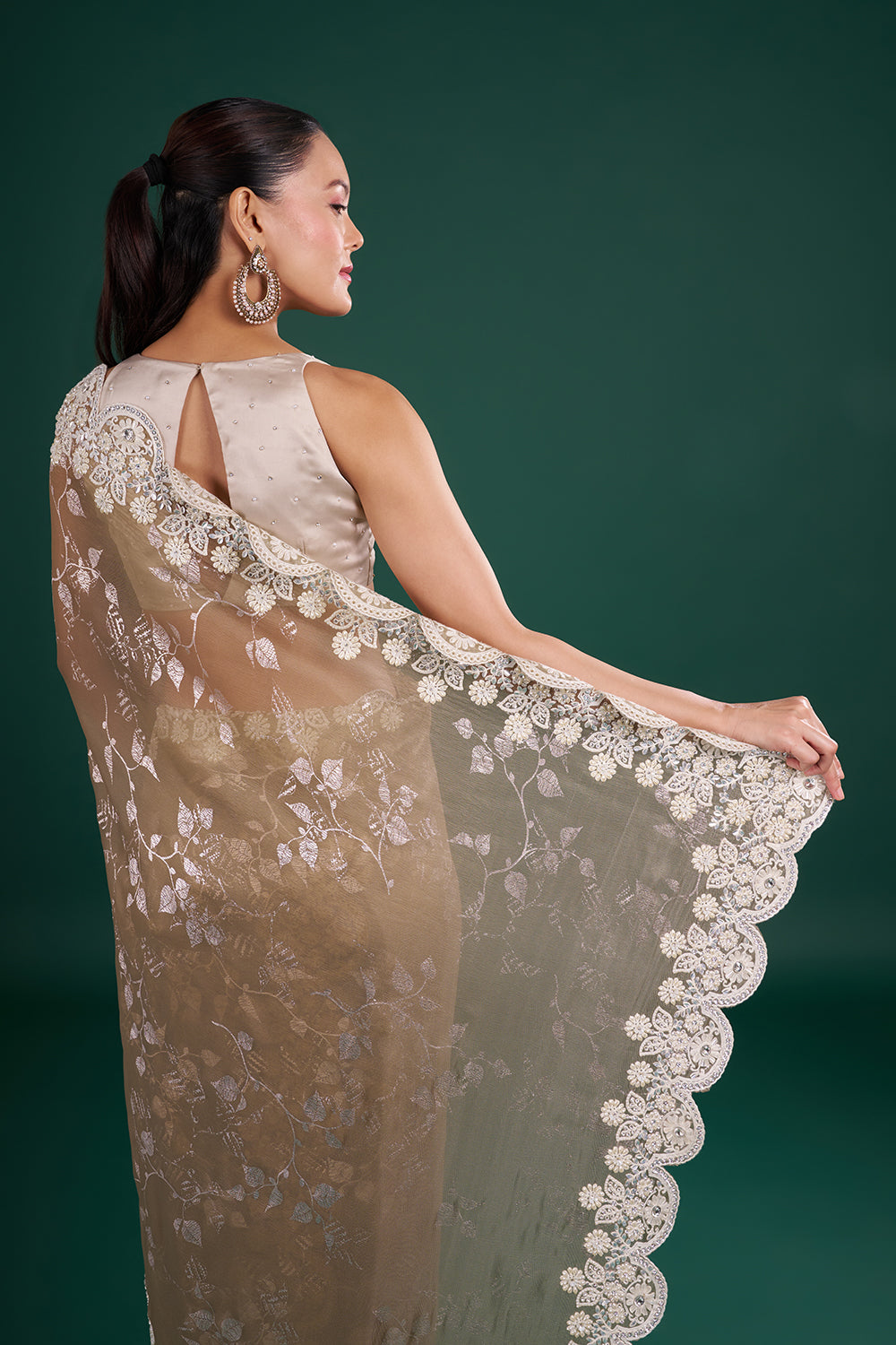 Metallic Champagne Shimmer Saree with Floral Thread Embroidery and Unstitched Blouse