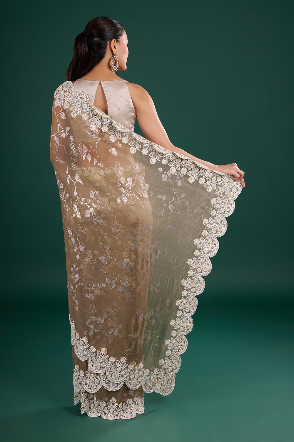 Metallic Champagne Shimmer Saree with Floral Thread Embroidery and Unstitched Blouse