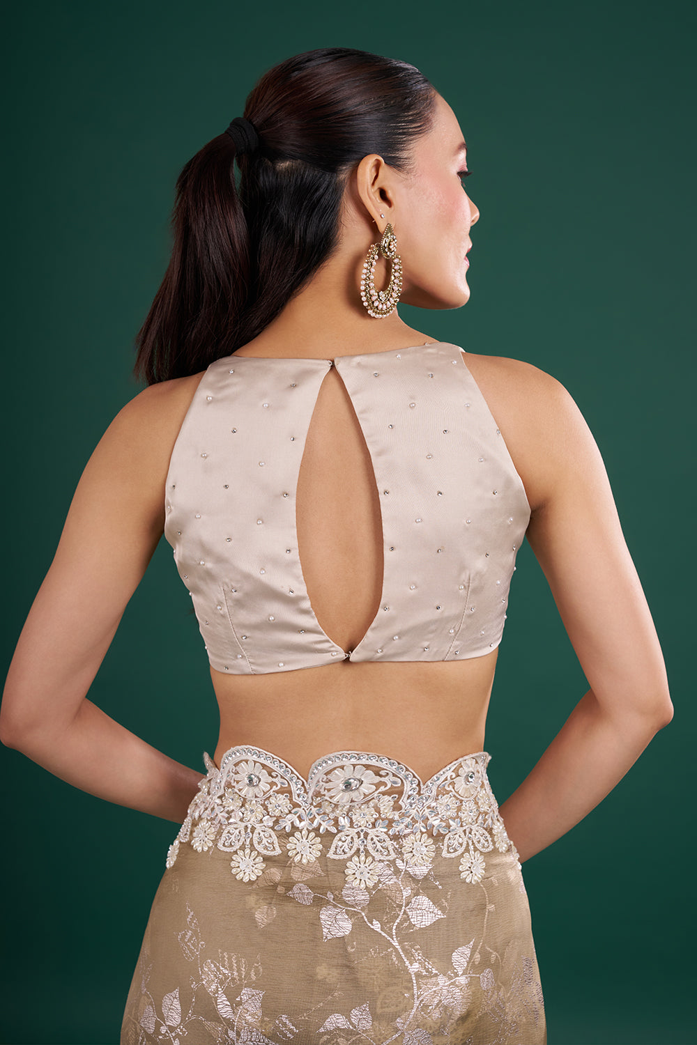 Metallic Champagne Shimmer Saree with Floral Thread Embroidery and Unstitched Blouse