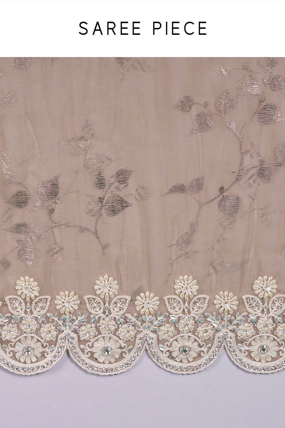 Metallic Champagne Shimmer Saree with Floral Thread Embroidery and Unstitched Blouse